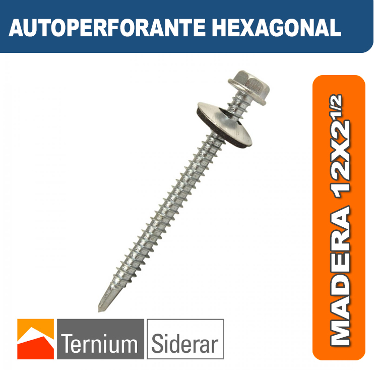 TORNILLO AUTOPERFORANTE HEXAGONAL MADERA 12 por 2 1/2 PLATEADO