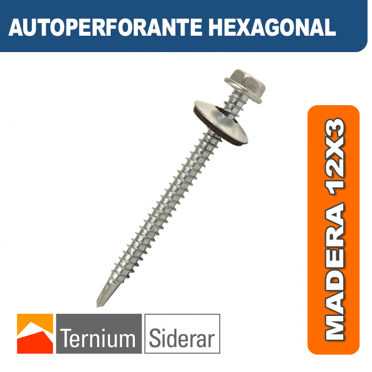 TORNILLO AUTOPERFORANTE HEXAGONAL MADERA 12 por 3 PLATEADO